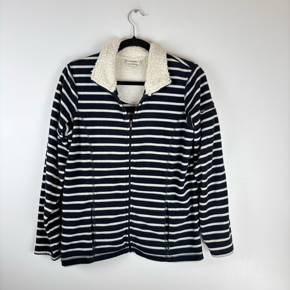 LL Bean Womens Small Full Zip Fleece Jacket Classic Navy Blue White Stripe